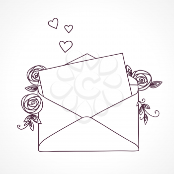 Open letter with roses and hearts. Postal holiday outline doodle graphic design.