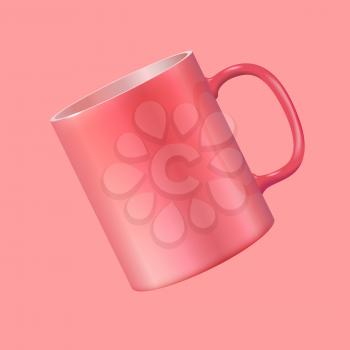 Tea cup hanging in the air. Realistic vector 3d illustration. Living Coral color 2019.