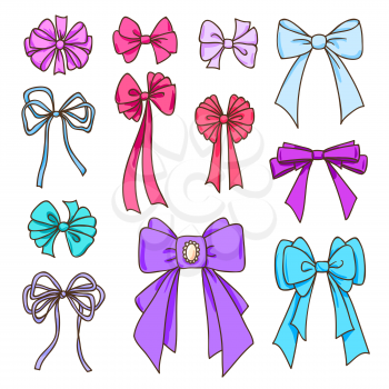 Set of color bows for the design congratulatory cards, gifts, souvenirs. Drawing sketches.