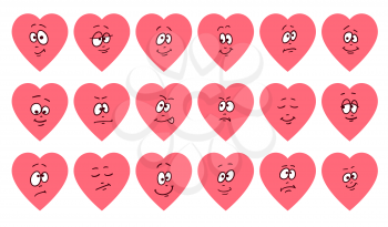 Set of flat heart shape emoticons. Cartoon cute faces emojies. Vector romantic and valentines illustration. hearts with different characters. Love or helth symbol