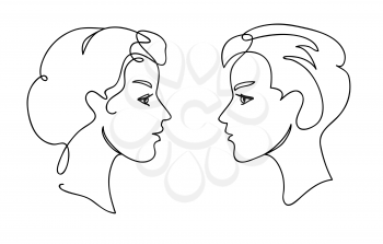 Couple teens communication concept. Young man and woman faces silhouettes. Continuous one line drawing. Black and white vector illustration