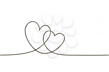 Continuous line art drawing. Couple of hearts symbolize love. Abstract hearts woman and man. Vector illustration .