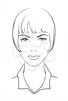 Woman portrait in face. Young attractive girl with a short haircut. Outline icon. Vector illustration