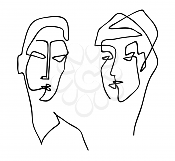 Couple woman and man. Fashion,friendship and love concept. Black and white hand drawn line art. Abstract outline vector illustration.
