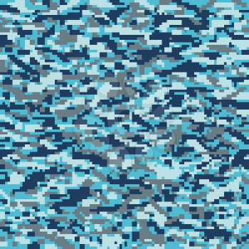 Seamless digital pixel classic camouflage pattern. Camo fishing hunting vector background. Masking  blue grey gray white color military texture wallpaper. Army design for fabric paper vinyl print