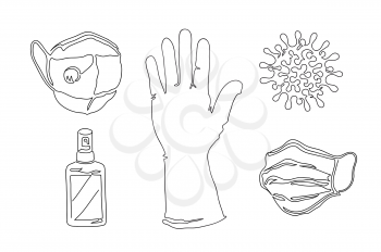 COVID-19 coronavirus protection concept set. Symbol of dangerous virus and personal protective equipment vector illustration. Continuous single line drawing