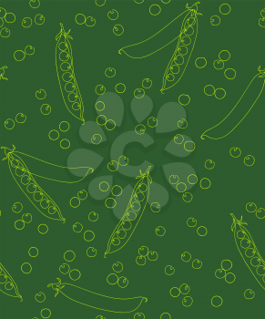 Seamless green peas pattern. Light and dark green background. Continuous line art. Outline style hand drawn sketch vector illustration.