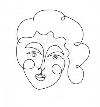 Beautyfull girl face. Attractive young woman portrait positive emotions concept. Continuous line drawing. Black and white vector illustration