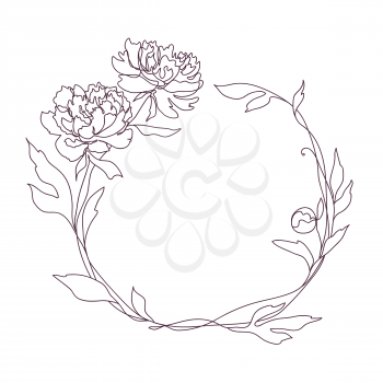 Floral Frame. Wreath with stylized flowers. Rose, peony flowers. Decorative element for holiday design. Isolated vector illustration. Spring time style. Continuous line art drawing.