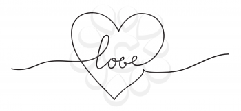 Heart. Abstract love symbol with handwritten text. Continuous line art drawing vector illustration.