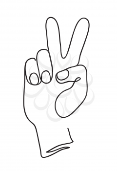 Victory and peace symbol. Hand gesture V sign in line art style vector continuous line drawing illustration