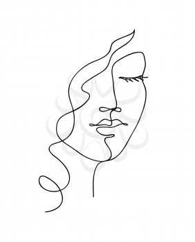 Abstract woman face with wavy hair. Black and white hand drawn line art. Outline vector illustration.