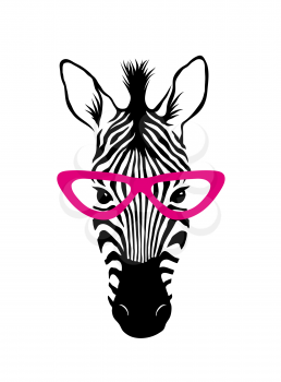 Zebra head in glasses, Animal face isolated in frame. Wild animal hide artwork background. Black and white vector illustration