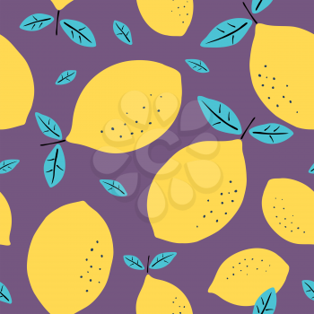 Seamless pattern with lemons. Citrus fruits modern texture on violet background. Abstract vector graphic illustration