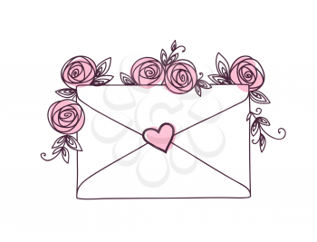 letter with roses and hearts. Postal holiday outline doodle graphic design. Wedding birthday valentines day concept