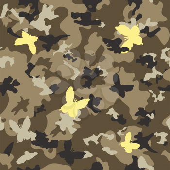 Seamless classic camouflage pattern. Camo fishing hunting vector background. Masking yellow brown black color military texture wallpaper. Modern design for fabric paper vinyl print
