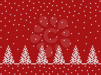 Knitted seamless pattern with trees and snow. Red classic knitwear ornament. Fashion trendy stylish background.