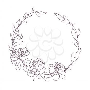 Floral Frame. Wreath with stylized flowers. Rose, peony flowers. Decorative element for holiday design. Isolated vector illustration. Spring time style. Continuous line art drawing.