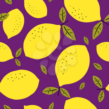 Seamless pattern with lemons. Citrus fruits modern texture yellow on violet background. Abstract vector graphic illustration