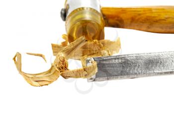 Royalty Free Photo of a Chisel and Hammer With Wood Shavings