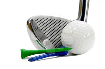 Golf club with ball and tees isolated on white