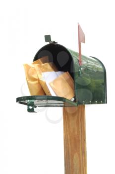 Plane green metal mailbox with packages  isolated on white