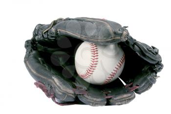 Old baseball glove and ball isolated on white