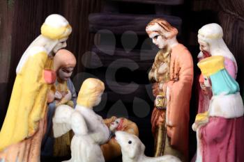 Macro shot of a nativity scene figurines 