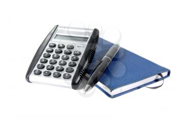  Calculator, pen and checkbook on white