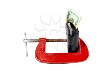Wallet and dollar bills being squeeze by a press on white