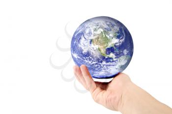 Hand holding planet earth isolated on white