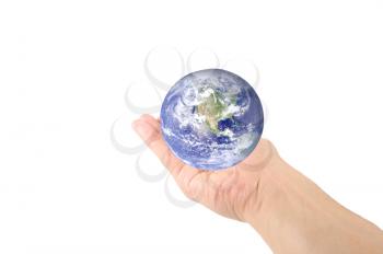 Hand holding planet earth isolated on white