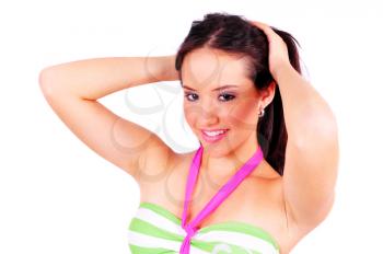 Close up shot of a youing girl wearing a bikini isolated on white