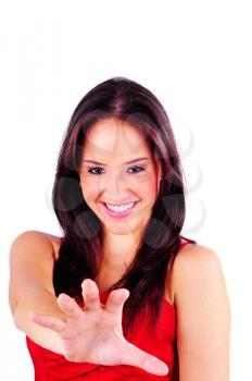 Young girl signaling with her hand to stop isolated on white