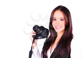 Beautiful female photographer isolated on a white background