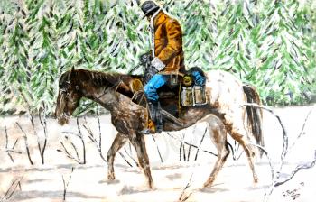 Acrylic paint of a rider on a horse during a winter storm