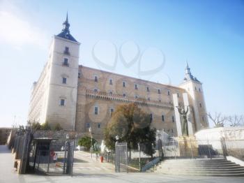 TOLEDO-SPAIN-FEB 20, 2019: The Alcázar of Toledo is a stone fortification located in the highest part of Toledo, Spain. Once used as a Roman palace in the 3rd century