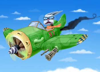 Royalty Free Clipart Image of a Rabbit Pilot in a Falling Plane
