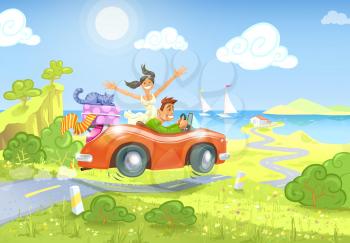 Royalty Free Clipart Image of a Couple and a Cat in a Car on Vacation