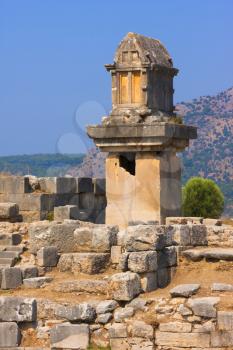 The ancient Lycian tomb on a pillar-pedestal in Xanthos, Turkey. 