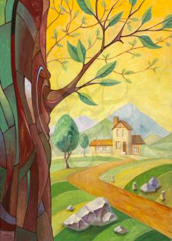 Royalty Free Photo of a Rural Landscape Painting with a House in the Background