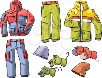 Set of the clothes for a skiing or a snowboarding - the pants, jackets, caps and gloves.