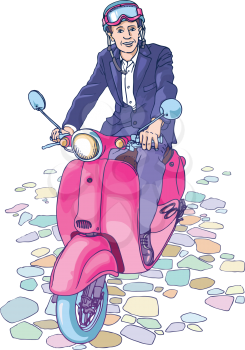 Smiling man in a suit is riding the bright pink scooter. The editable vector illustration.
Editable vector EPS v9.0