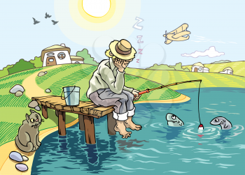 An idyllic scene of fishing at the countryside. The fisher sleeps under the blue sky but the suspicious fishes and the hungry cat are staying awake...