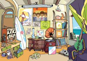 A bit messy room of an ordinary surfer somewhere in some sweet place. There are a lot of stuff in the room.