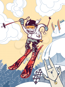 The newschool skier is sliding down and jumping from the snow cliffs.