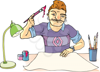 The artist with the curly mustaches is starting his work on the blank peace of paper. 
Editable vector EPS v9.0