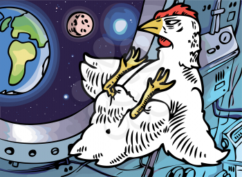 The lone brave chicken in a cabin of a space ship is looking at his home planet.
Editable vector EPS v9.0