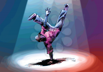 Breakdancer is standing in a freeze. Hand drawn artwork.