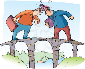 Two businessman are butting each other with the horns on the narrow bridge.
Editable vector EPS v9.0
